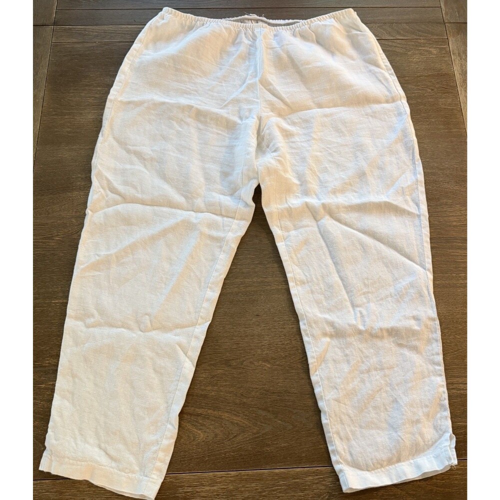 Eileen Fisher White 100% Linen Cropped Pants Women's L Elastic Side Zip Coastal